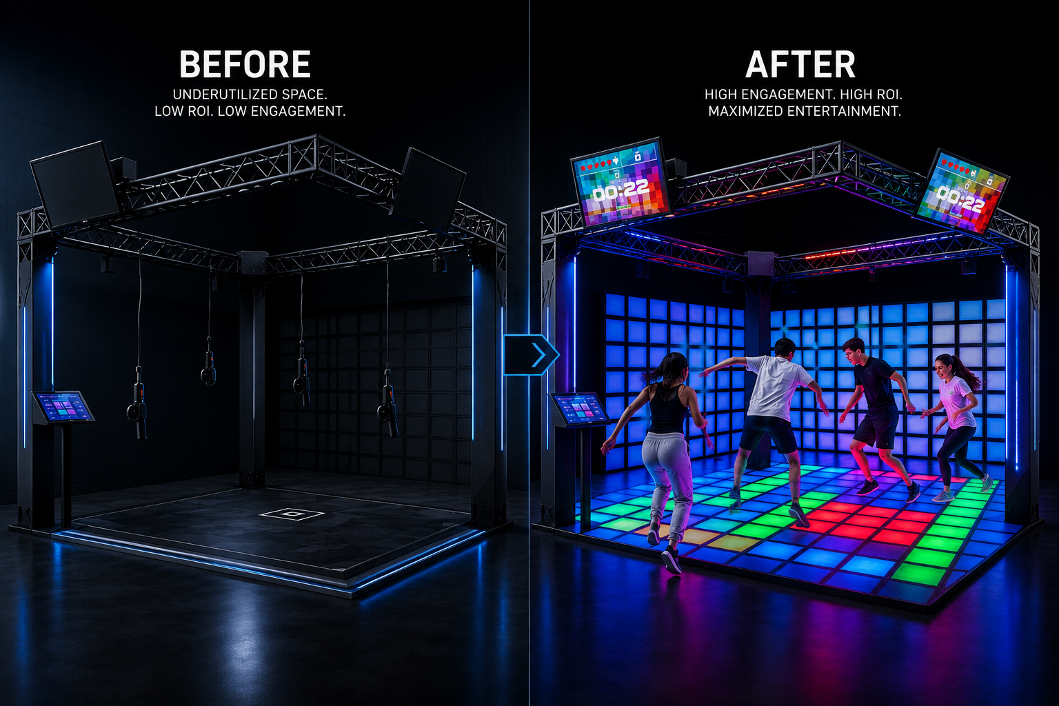 Before and after comparison: an underutilized empty arena transformed into a high-engagement Movere LED attraction with players actively competing