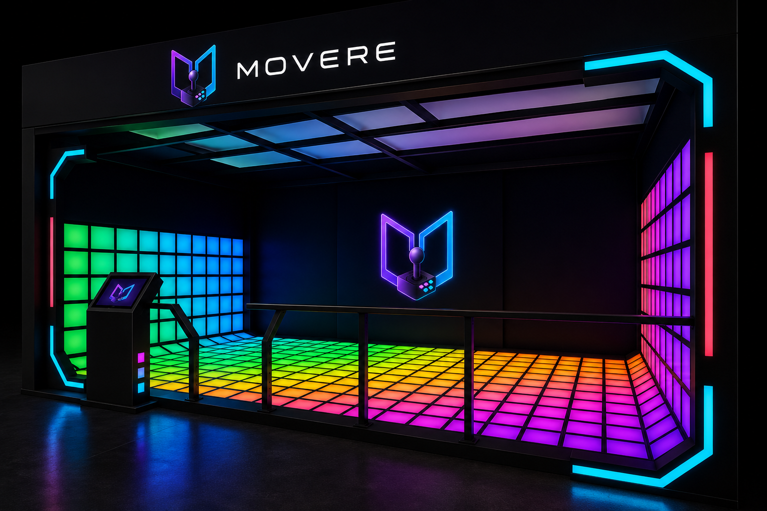 A branded Movere interactive attraction — a custom LED arena with rainbow floor and wall panels, branded kiosk and the Movere logo